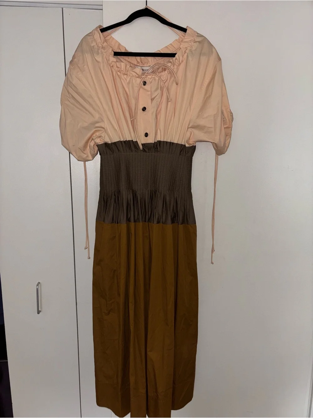 Tory Burch Peach, Olive & Brown Colorblock Poplin Dress
